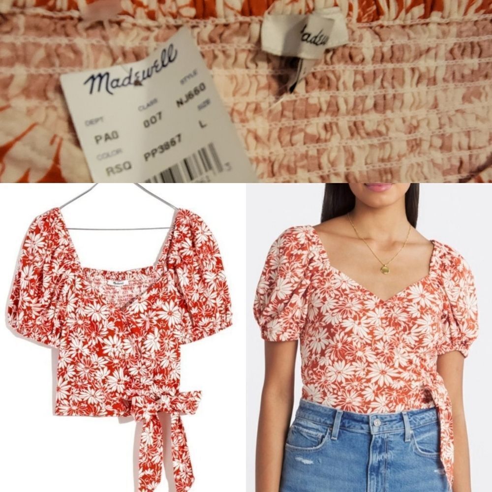 $95 NEW MADEWELL STRETCH LINEN BLEND SMOCKED PUFF FLORAL WRAP TOP L LARGE NWT